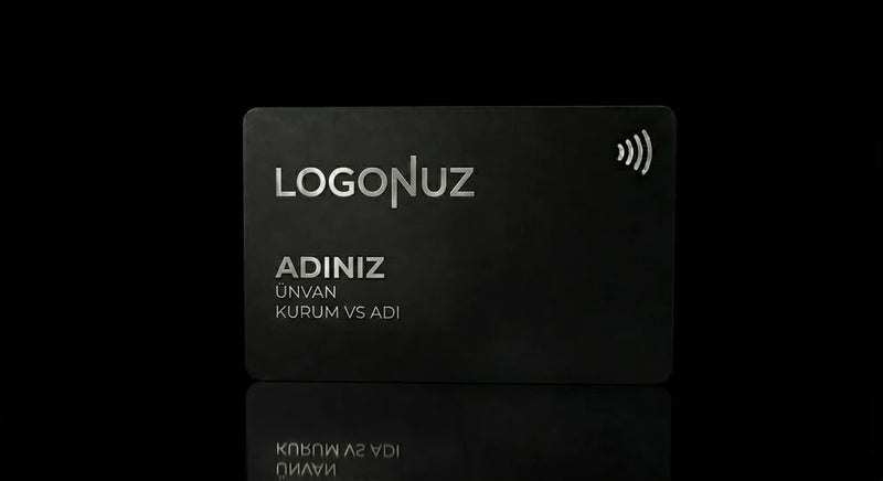 a black rectangular card with the text "LOGONUZ" and "ADINIZ" printed on it, along with the text "UNVAN KURUM VS ADI" below.