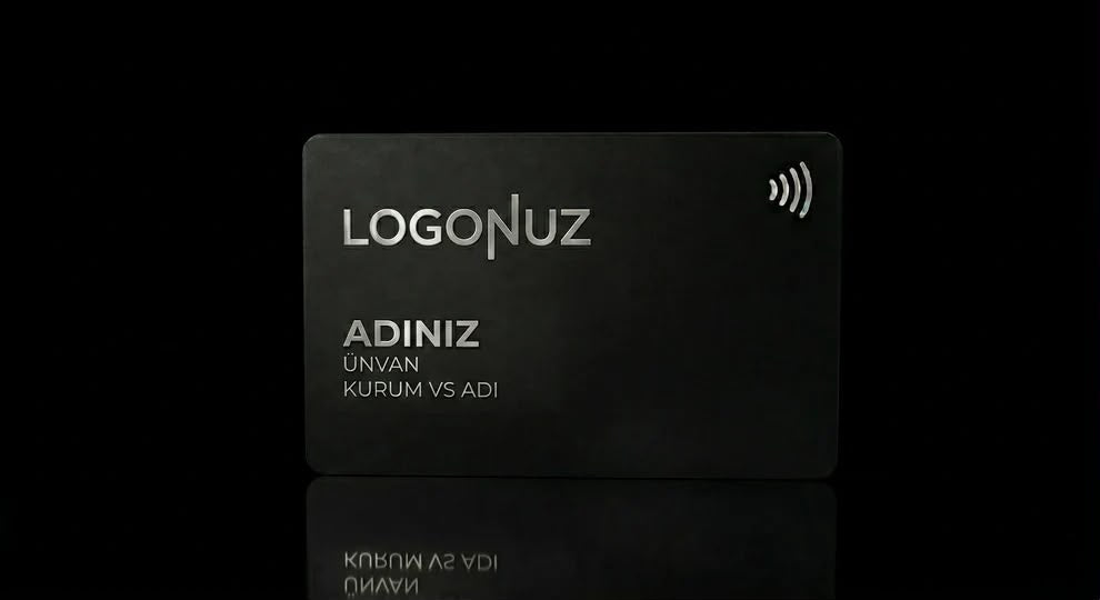 a black rectangular card with the text "LOGONUZ" and "ADINIZ" printed on it, along with the text "UNVAN KURUM VS ADI" below.