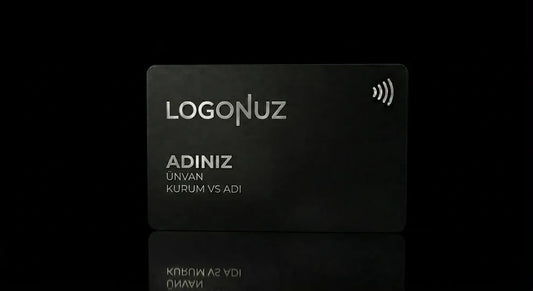 a black rectangular card with the text "LOGONUZ" and "ADINIZ" printed on it, along with the text "UNVAN KURUM VS ADI" below.