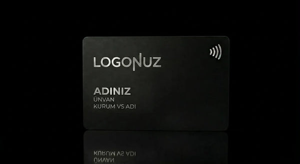 a black rectangular card with the text "LOGONUZ" and "ADINIZ" printed on it, along with the text "UNVAN KURUM VS ADI" below.