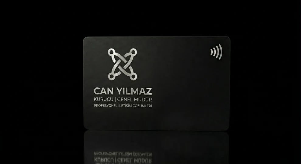 a black rectangular card with a white logo and text on it, placed on a reflective surface against a black background.