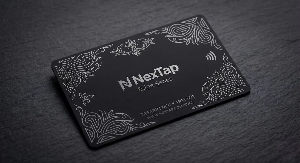 A black rectangular business card with a decorative border and text, placed on a dark surface.
