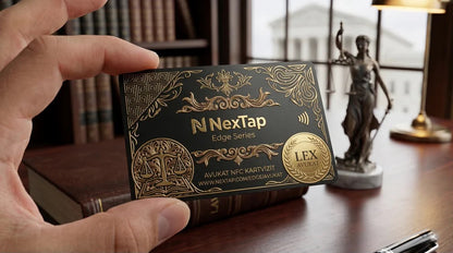 A hand holding a decorative business card with a gold embossed design, featuring a statue of a woman and text related to the N-Tap Edge Series.