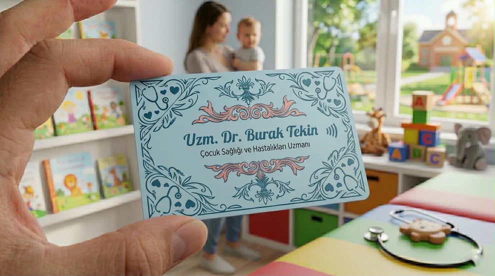 A hand holding a card with a floral design and text, in a room with a child playing and bookshelves in the background.