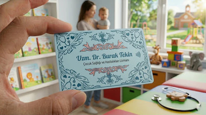 A hand holding a card with a floral design and text, in a room with a child playing and bookshelves in the background.