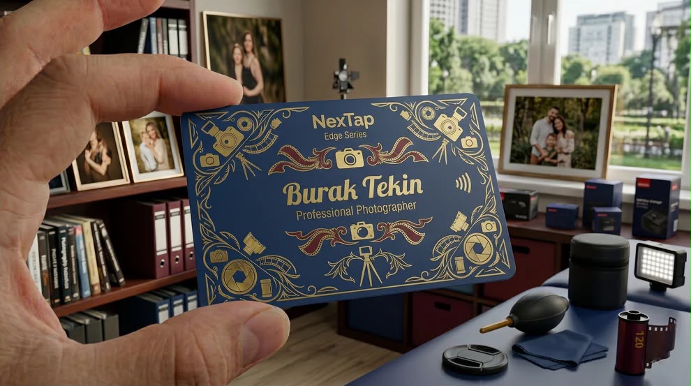 A hand holding a blue business card with gold and red designs, featuring the name 'Burak Tekin' and the title 'Professional Photographer'.