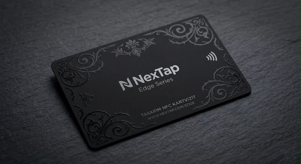 A black rectangular business card with embossed designs and text, resting on a dark surface.