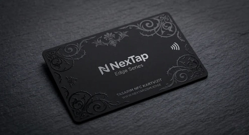 A black rectangular business card with embossed designs and text, resting on a dark surface.