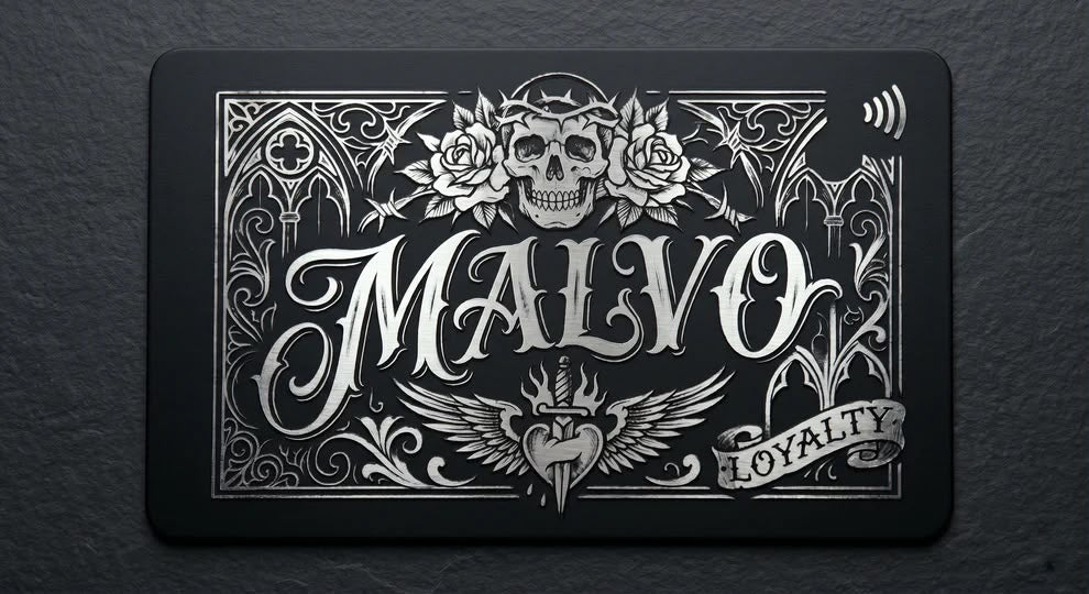 a black rectangular card with an ornate, decorative design and text.