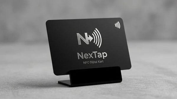 A black business card for NextTap, a NFC digital kiosk, is displayed on a stand.