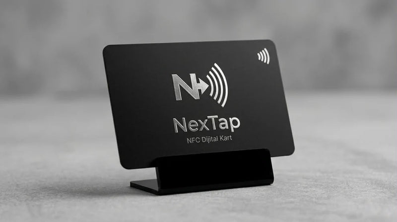 A black business card for NextTap, a NFC digital kiosk, is displayed on a stand.